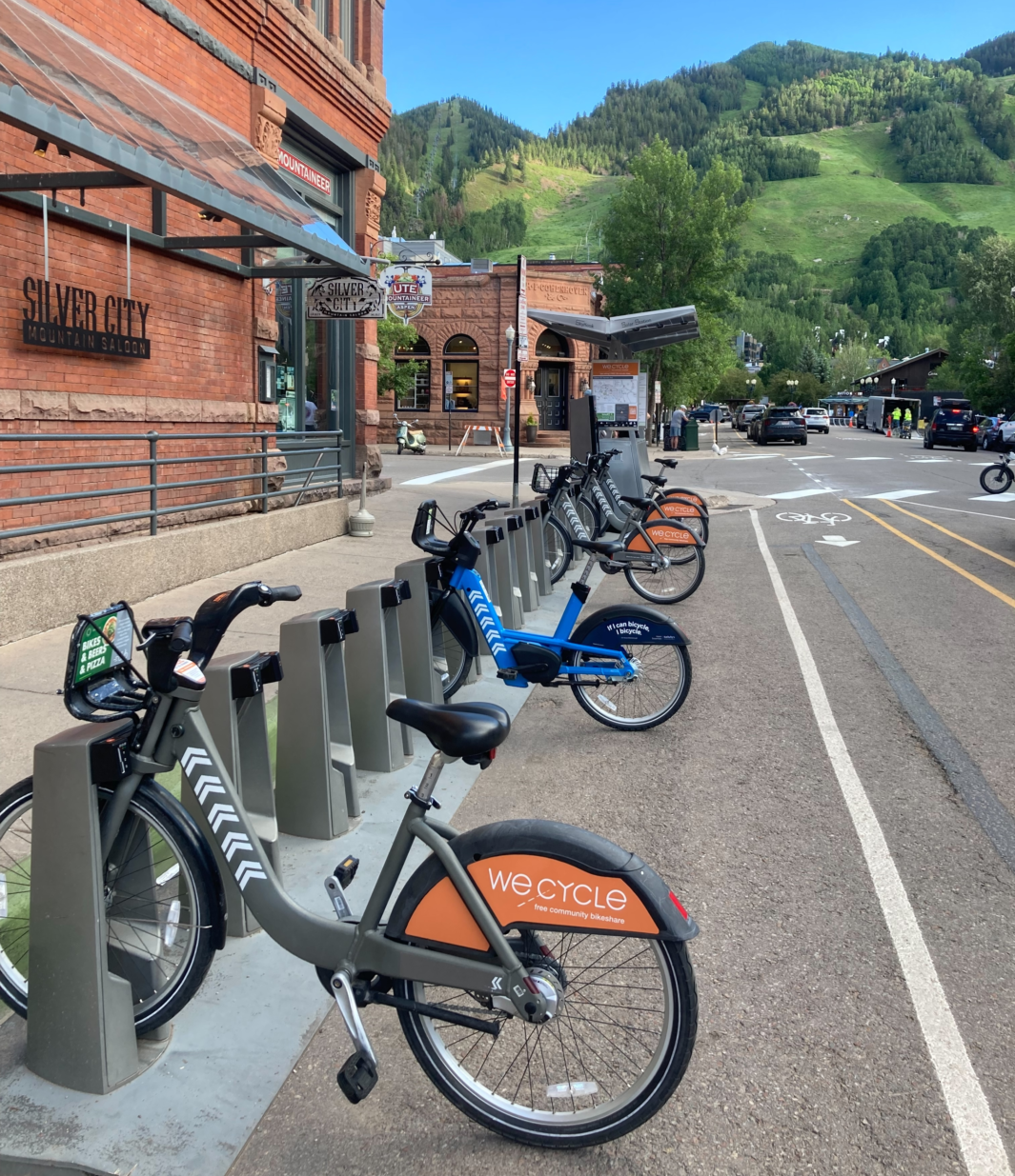 A solar-powered e-bike charging station on Galena Street in Aspen.